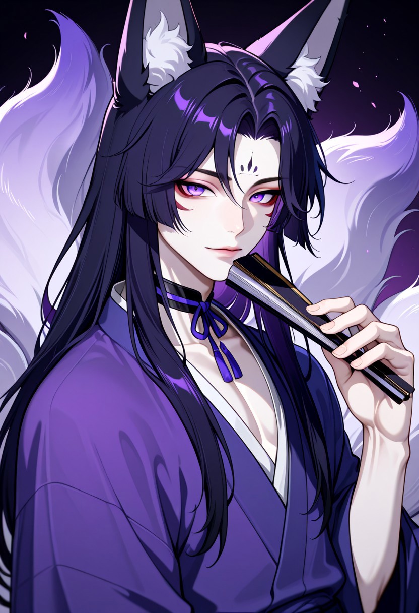 masterpiece, very aesthetic, newest, high score, best quality, absurdres, kitsune_yokai, solo, long hair, looking at viewer, black hair, 1boy, holding, animal ears, purple eyes, tail, upper body, purple hair, male focus, japanese clothes, choker, fox ears, makeup, fox tail, facial mark, multiple tails, pale skin, hand fan, forehead mark, folding fan, holding fan, bishounen