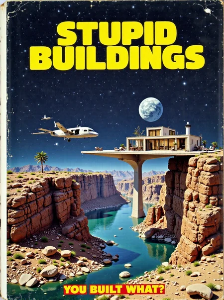 A photo of a retro, 1980s-style manual featuring a cover photograph of a Villa on a bridge between two impossibly tall cliffs on the Moon: A striking villa built atop an elegant bridge between two impossibly tall cliffs above a completely barren, dry, Lunar landscape. The design features modern materials that complement the surroundings while remaining distinct, with large terraces overlooking the cliffs. The villaâs structure seems impossibly arranged, tumbling over itself. The whole villa is covered by a clear glass dome, keeping it airtight. The header in blocky yellow text "Stupid Buildings". Subtitle below the picture is "YOU BUILT WHAT?". V1llas1nNa1ure <lora:FLUX_V1llas1nNa1ure_LoRA:1> <lora:1980s_Technical_Manuals_Flux:1> <lora:TextimproverV0.4:0.85> aidmatextimprover,