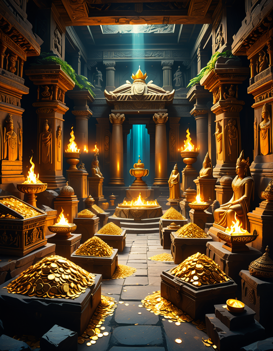 score_9, score_8_up, score_7_up,amazing quality, ultra realistic, 3D, HD, best quality, amazing quality, very aesthetic, absurdres
A hidden treasure chamber deep within an ancient temple, illuminated by the warm golden glow of torches and mystical blue light from enchanted crystals. The room is filled with piles of gold coins, jewel-encrusted goblets, and ancient artifacts covered in dust. Massive stone statues of forgotten deities guard the chamber, their eyes glowing faintly as if watching intruders. In the center, a grand pedestal holds a legendary artifactâan ornate golden crown encrusted with emeralds and sapphires, shimmering with an otherworldly aura. The walls are adorned with intricate carvings depicting lost civilizations, and creeping vines hint at centuries of abandonment. The atmosphere is mystical and slightly eerie, with a sense of both wonder and danger. The air is thick with the scent of aged parchment and burning incense, adding to the chamberâs ancient and mysterious feel. Cinematic lighting with dramatic shadows enhances the depth and richness of the scene, creating a visually stunning and immersive environment.
<lora:SDXLFaeTastic2400:0.4> <lora:extremely_detailed:0.4> extremely detailed,treasure ch4mb3r, <lora:treasure_ch4mb3r-p:1>