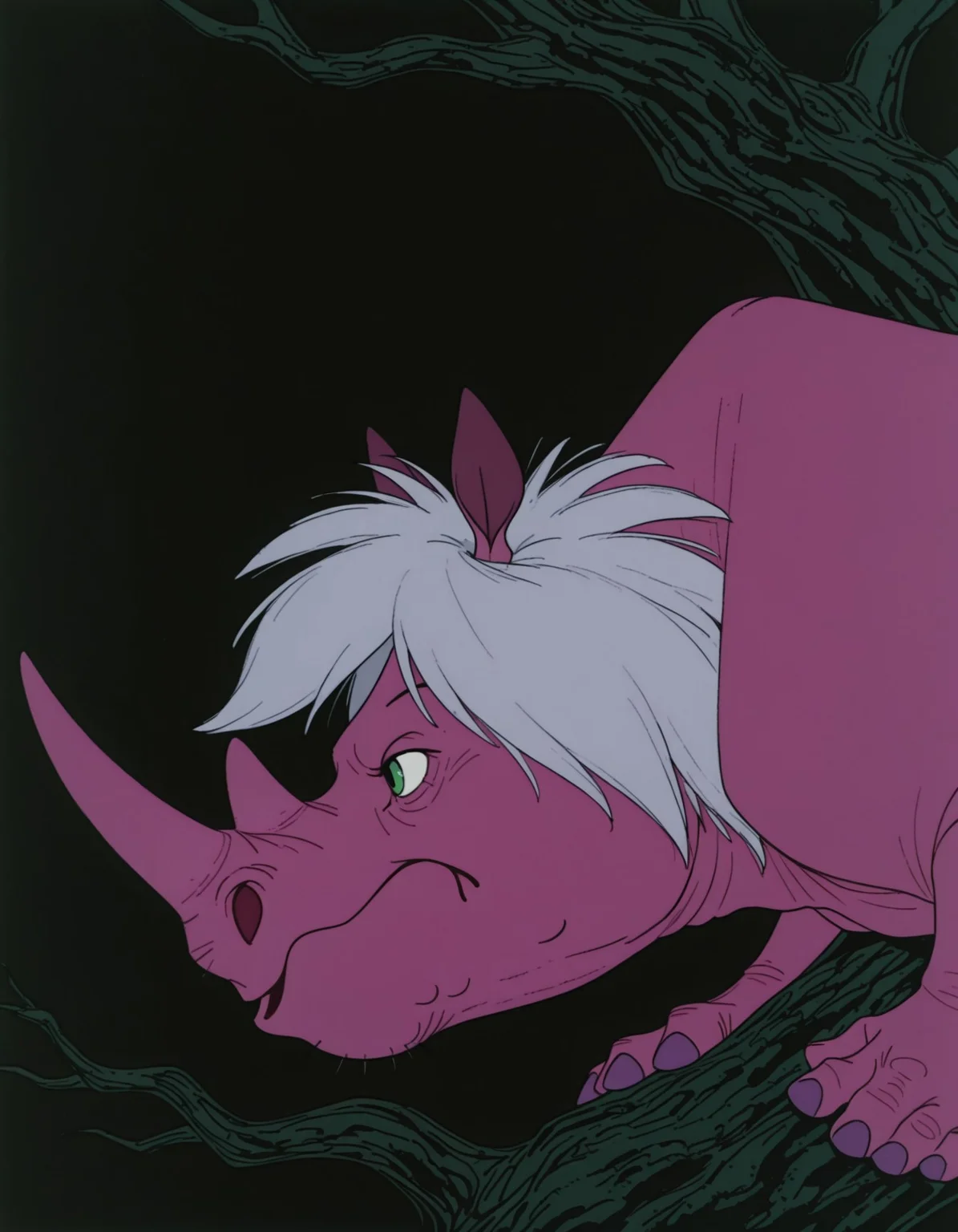 smooth quality, masterpiece, very intricate, high quality details, ultra realistic, high detailed skin, detailed environment, absurdres, solo, simple background, black background, color drain, erosrhinocerosmadammim, rhino, animal, pink skin, green eyes, grey hair, horns, tree, purple nails, side view, from side
