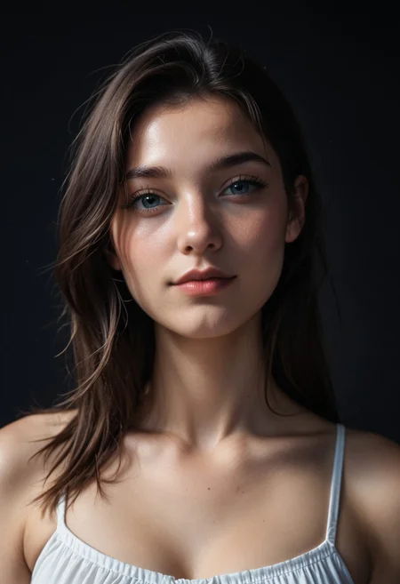 score_9, score_8_up, score_7_up, Expressiveh, masterpiece, high quality,realistic, raw lighting, detailed, (cool colors, bokeh, Natural skin) BREAK
50mm lens, f/8, 1girl, solo, long hair, photo_\\(medium\\), black background, realistic, 18yo, (dim, dark, low light, underexposed, low contrast:1.0), dynamic pose, beautiful petite 18-year-old Canadian woman, (light Blue eyes,nose piercing,long chestnut straight hairs,Beachy Waves cut, effect ,Bitter expression, Tight lips, narrowed eyes, furrowed brows:0.6), looking at viewer, seductive expression, bare_shoulders, medium shot, medium breasts, sexy figure, wearing a low cut top, (soft body, thicc:1.2)
BREAK
shallow depth of field, bokeh background, dynamic angle, volumetric lighting, black background,(vibrant colors, good lighting).