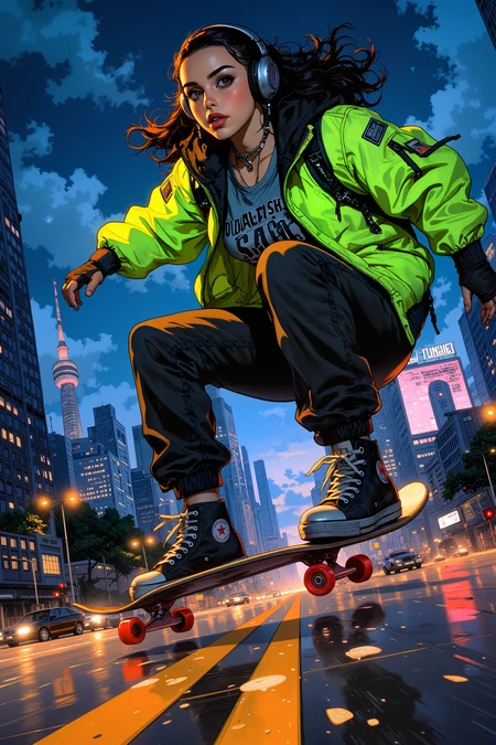 Under the buzzing glow of streetlights, a skater with a half-shaved head and a neon-green bomber jacket rides down the center of an empty midnight highway, carving smooth arcs across the asphalt. Her black cargo pants are tucked into high-top sneakers, scuffed from a hundred nights of pushing limits and chasing speed. A trail of glowing sparks follows her custom board, its underside lined with pulsing LED strips that flicker in sync with the lo-fi beats blasting from her wireless headphones. The city looms in the distance, skyscrapers twinkling like distant constellations, but out here, itâs just her and the road. She pushes forward, the wind whipping against her face, her sharp silver earrings catching the light. In this moment, she is pure motion, pure freedom. , detailed background Fantastic lighting. Detailed shadows.intricate details, vivid colors, hyper-detailed, ultra-sharp, , <lora:RetroAnimeFluxV1:0.4> <lora:Vintage comic book:0.7> <lora:MoriiMee_Gothic_Niji_Style_FLUX:1.0>
