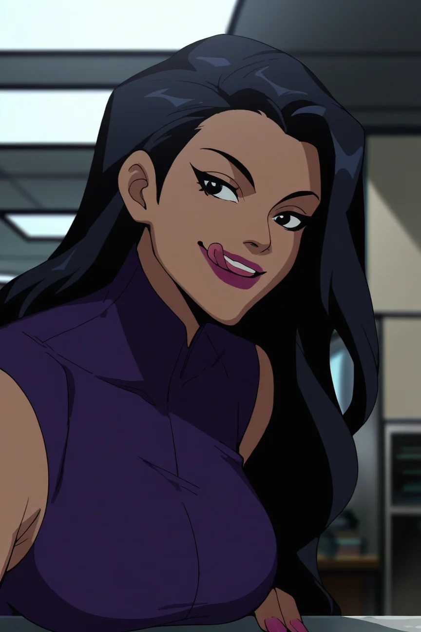 score_9, score_8_up, score_7_up,<lora:Huntress_JLU_PDXL:0.8>, huntress, black eyes, black hair, long hair, purple lips, big breasts, dark skin, purple dress BREAK leaning forward, smile, tongue, licking lips, lips, upper body, face focus, close up, indoors, solo, best quality, high quality