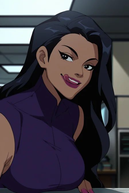 score_9, score_8_up, score_7_up,<lora:Huntress_JLU_PDXL:0.8>, huntress, black eyes, black hair, long hair, purple lips, big breasts, dark skin, purple dress BREAK leaning forward, smile, tongue, licking lips, lips, upper body, face focus, close up, indoors, solo, best quality, high quality