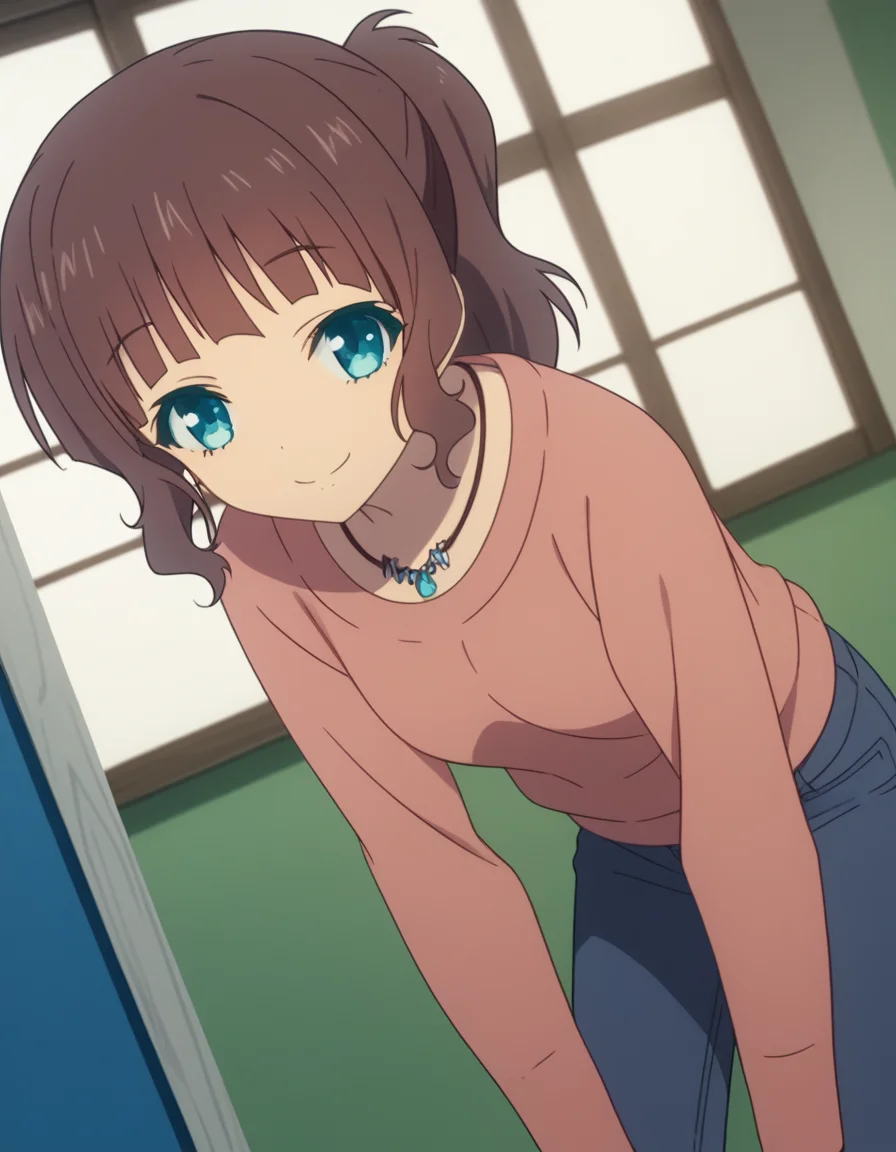 score_9, score_8_up, score_7_up, source_anime,
akarisakishima, <lora:akari-sakishima-s1-ponyxl-lora-nochekaiser:1>,
akari sakishima, short hair, blue eyes, brown hair, ponytail,
jewelry, pants, necklace, denim, collarbone, long sleeves,
indoors, bent over, smile,
looking at viewer, cowboy shot, dutch angle, solo,