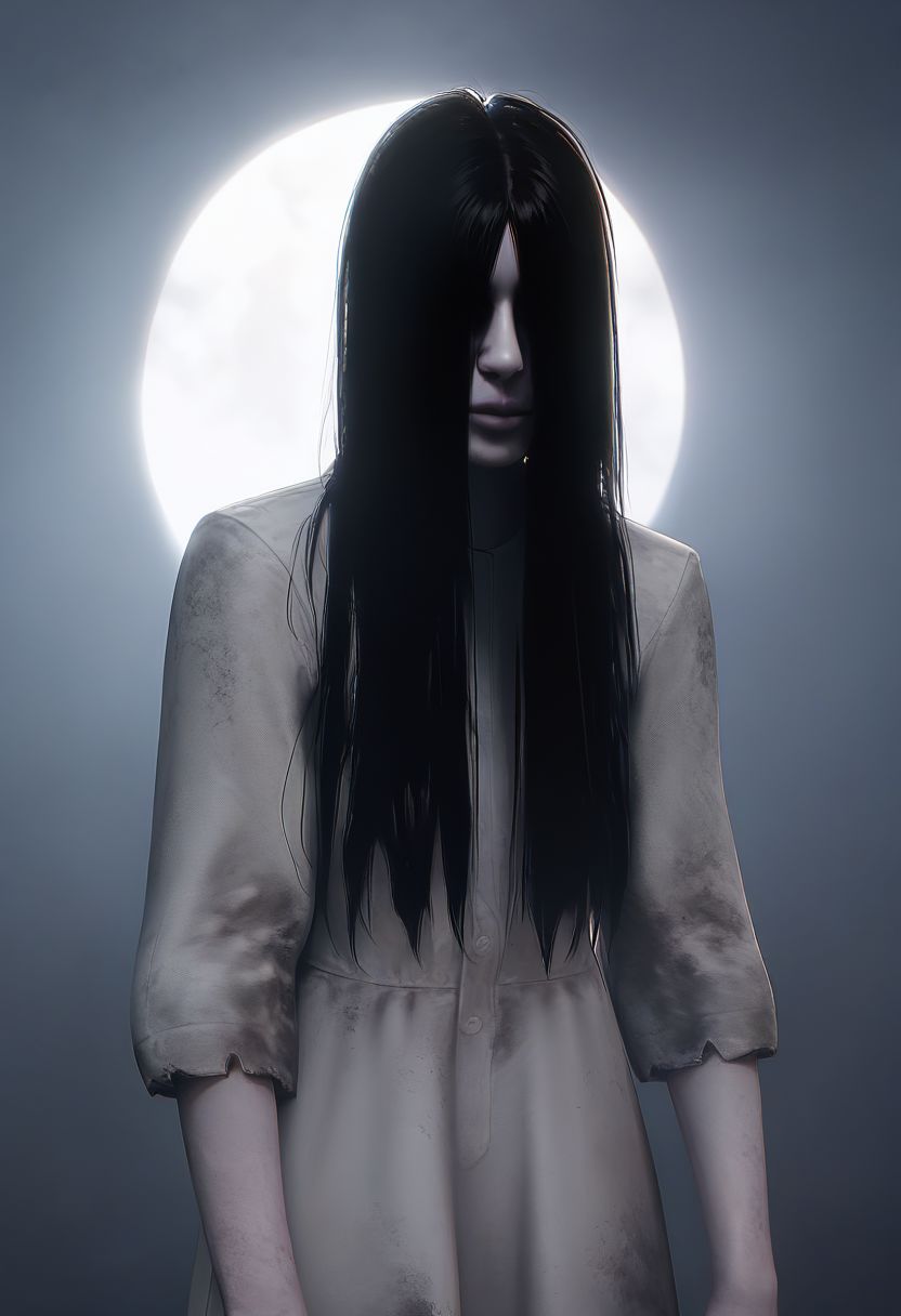 score_9, score_8_up, score_8, solo, portrait, (theonryoxl), long black hair,pale skin,hair over face, dirty white dress,long sleeves, standing, dark room,dim lighting