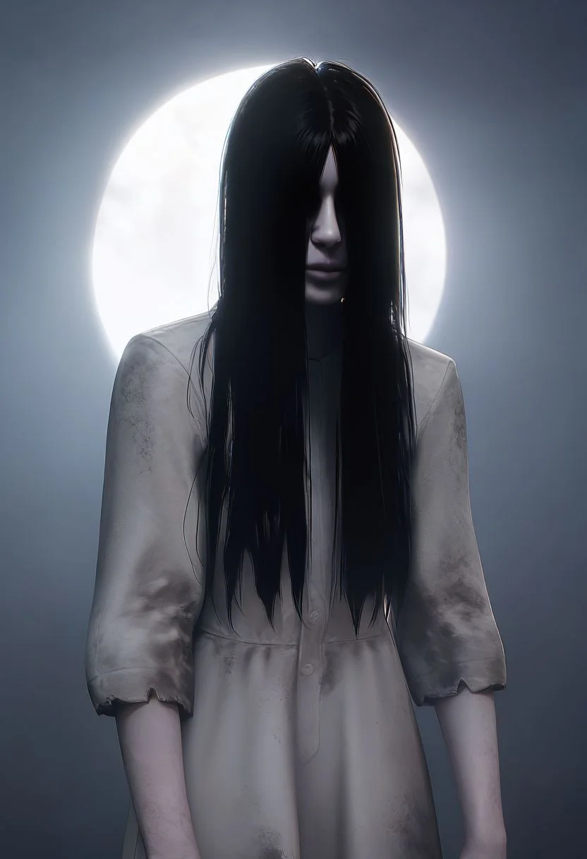 score_9, score_8_up, score_8, solo, portrait, (theonryoxl), long black hair,pale skin,hair over face, dirty white dress,long sleeves, standing, dark room,dim lighting