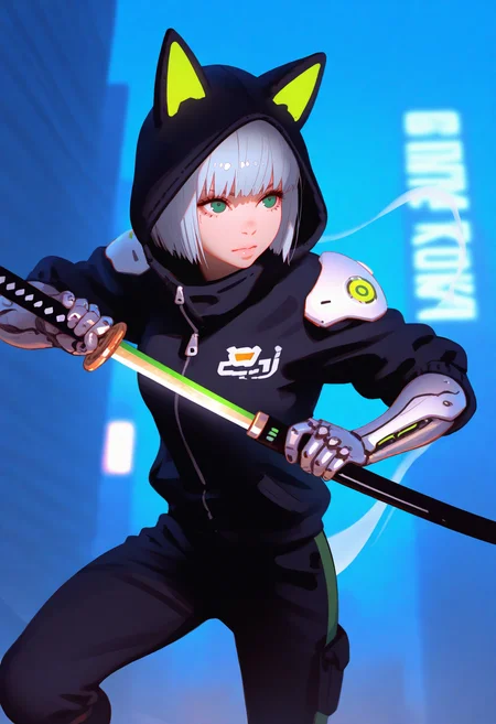 masterpiece, best quality, good quality, very awa, youmuanon,
genji \(overwatch\), konpaku youmu, konpaku youmu \(ghost\), 1girl, cosplay, cyborg, genji \(overwatch\) \(cosplay\), green eyes, grey hair, katana, lips, scabbard, sheath, short hair, solo, sword, weapon, unsheathing, dashing, action pose, dynamic pose, animal ear hood, hood, hoodie, pants, cyberpunk city, neon lights, detailed background, motion lines, motion blur,
<lora:ai_styles_collection_noob_eps-1.1_v3.1:1>