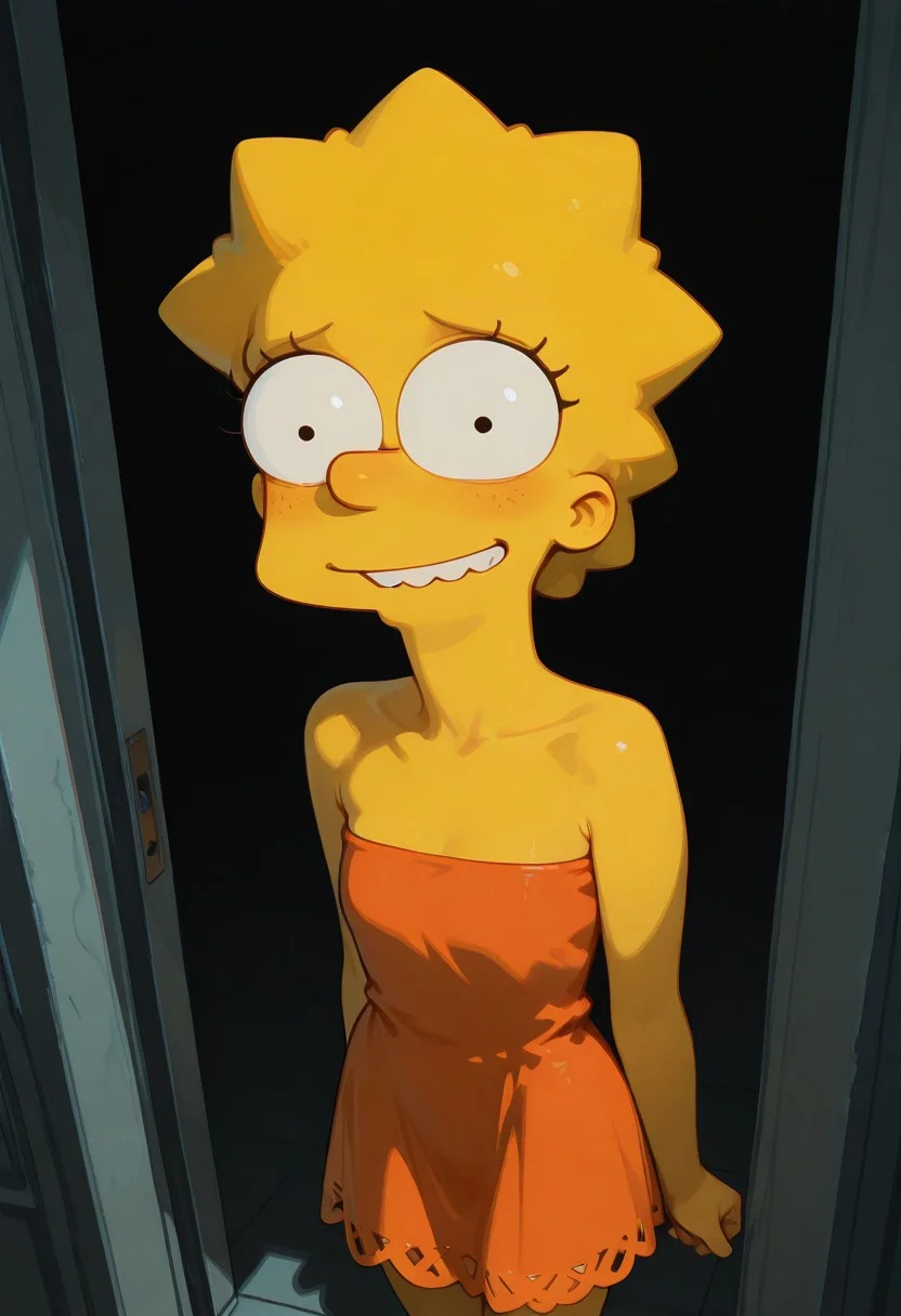 masterpiece, newest, absurdres, incredibly absurdres, best quality, amazing quality, very aesthetic, newest, , 1girl, solo, lisa_simpsons, detailed, dramatic light, high detail, sharp shading, centered composition, soft shadows, (dark room), decorative, warm light, volumetric lighting, raytracing, shadows, perspective, depth of, usnr, standing, sexy pose, happy face, sexy, orange tube dress with zigzag hem shirt, showing the groin, pleasure face, bare shoulder, strapless dress, sleeveless,