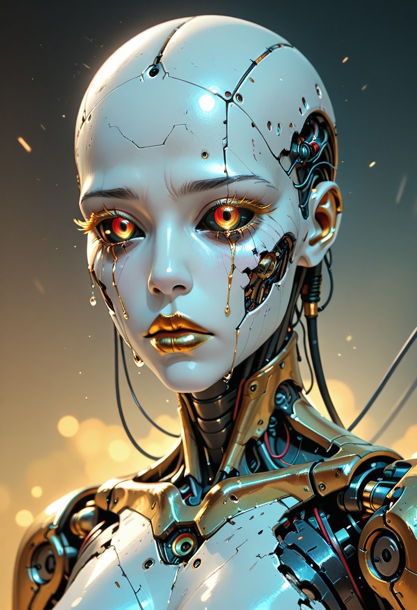 mechanical parts, solo, damaged, android, science fiction, cable,, 1girl, cyborg, portrait, , , bald, robot, black sclera, cyberpunk, gold pupils, white skin, gold, wires, , gold lips, cyberpunk, single tear, expressionless, crying with eyes open, colored eyelashes,,