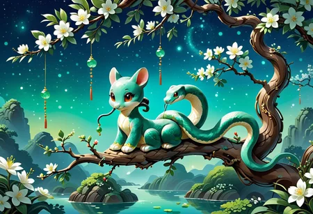 Sinoink, score_9, score_8_up, score_7_up, score_6_up, 1girl, chibi, anthro snake, sitting on flowery tree branch , made out of jade, fresh, refreshing iridiscent, night sky, magical orchard , bokeh,
