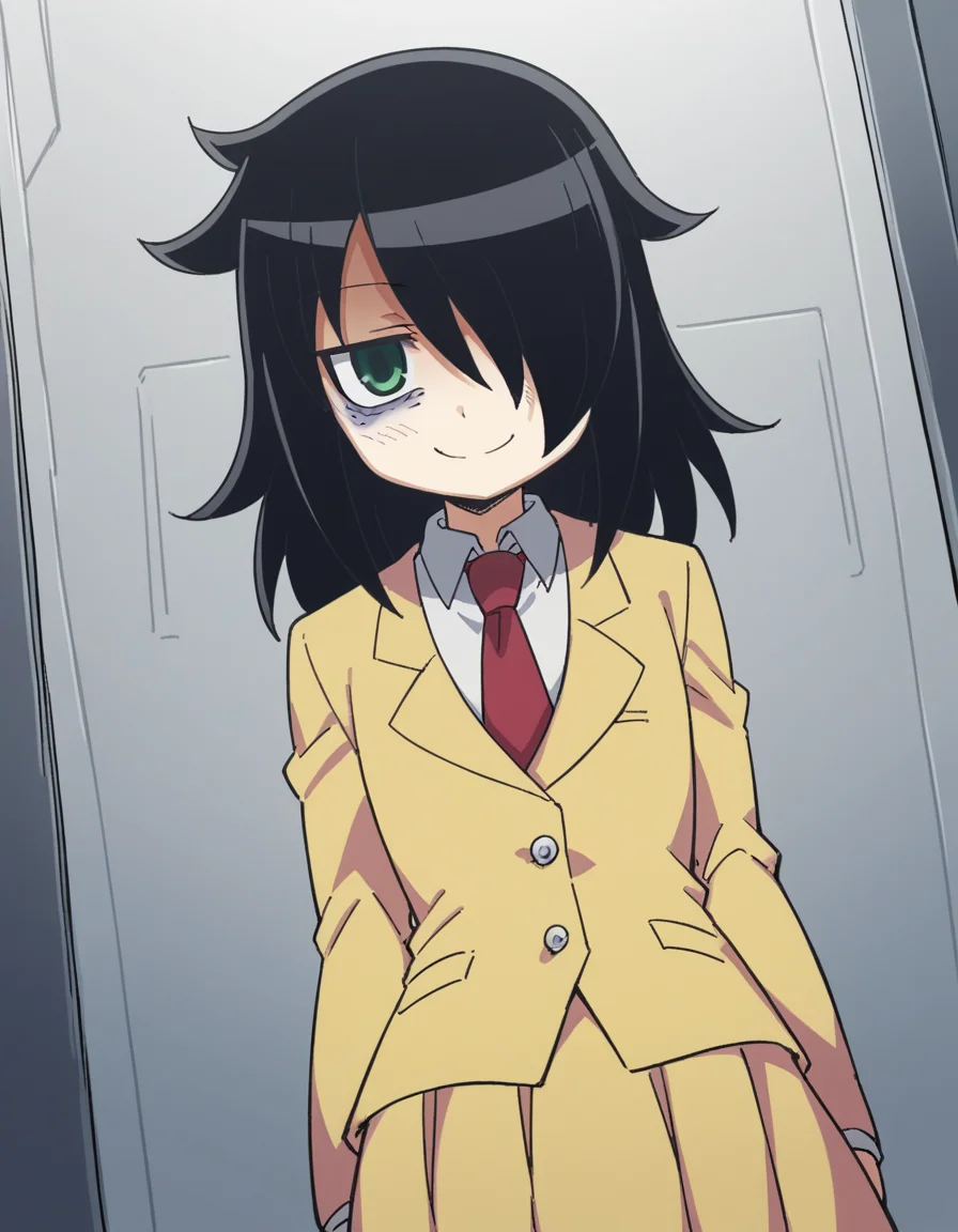 score_9, score_8_up, score_7_up, source_anime, <lora:tomoko-kuroki-s1-ponyxl-lora-nochekaiser:1>, tomoko kuroki, long hair, black hair, green eyes, hair over one eye, bags under eyes,, skirt, school uniform, necktie, blazer,, space elevator, tall, space, futuristic, technology, smile, v,, looking at viewer, solo,, dutch angle, cowboy shot