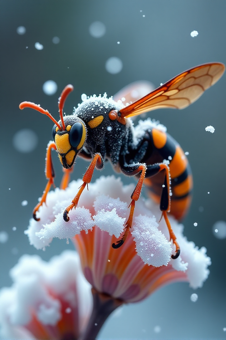 Capture a dramatic macro photograph of a giant Asian wasp perched on a frosty flower during a snowfall. The waspâs robust body is covered in a dusting of fine snowflakes and shimmering ice crystals, accentuating the rich orange and black patterns on its exoskeleton. Its powerful wings are partially frozen, catching the diffused, cool light and reflecting subtle highlights, while the textured details of its antennae and segmented legs gripping the icy flower are vividly rendered. Snowflakes are captured mid-air, some tumbling and others settled on the wasp and flower, adding a dynamic energy to the scene.
The frosty flower, with hints of its vibrant color peeking through a delicate layer of ice, provides an intricate backdrop, showcasing veins and textures illuminated by soft lighting. The background fades into blurred tones of muted whites and pale blues, evoking a calm and cold winter atmosphere. The lighting is natural and diffused, highlighting the frosty textures and creating subtle contrasts on the waspâs bold patterns. This composition emphasizes the waspâs formidable presence against the serene yet harsh beauty of a snow-covered environment, blending intricate detail with dramatic stillness.<lora:Sinfully_Stylish_.02_for_FLUX:1>âââ