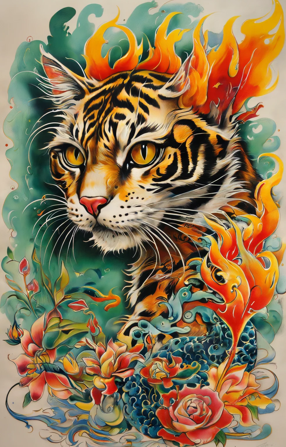 masterpiece,best quality,<lora:tbh271-sdxl:0.9>,illustration,style of Ed Hardy,Tattoos,flames,cats,