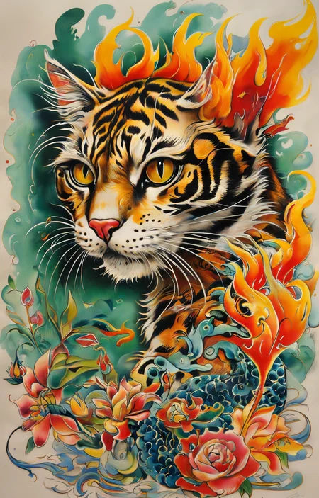 masterpiece,best quality,<lora:tbh271-sdxl:0.9>,illustration,style of Ed Hardy,Tattoos,flames,cats,