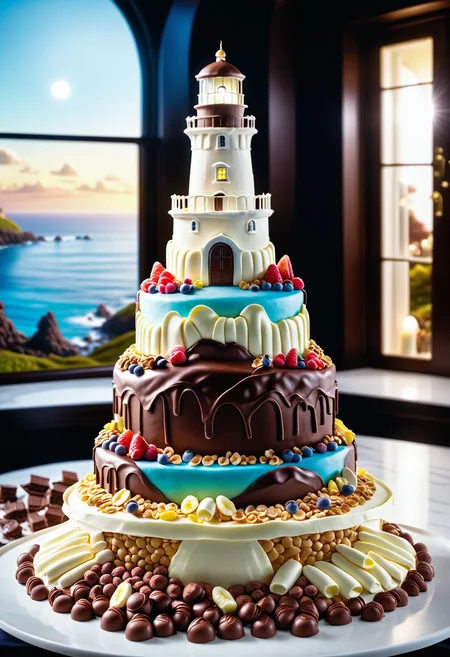 A masterpiece of a giant cake, Cinematic still, landscape of a (The Ridorana Lighthouse:1.3) , Movie still, Sci-Fi, Pixiecore, Depth of field 100mm, grand illumination, Jed-ChocoC, chocolate, cereals, <lora:last:0.7>, Jed-whtccae, <lora:WhiteChocoStyle-000005:0.6>, Jed-mrshmlw, <lora:MarshmallowStyle-000007:0.5>, Icing, stunningly beautiful background, masterpiece, positive emotions, sharp focus, beautiful elegant, modified, vibrant, highly contrasted