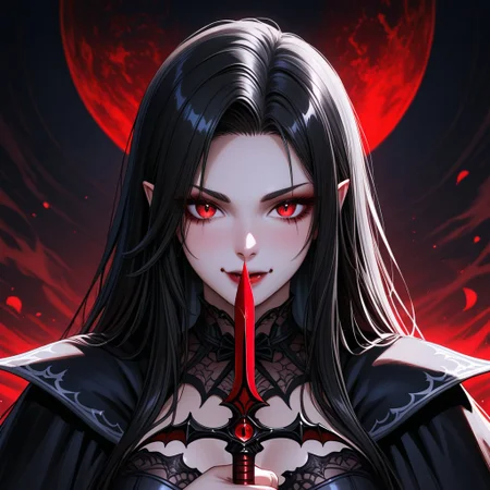 A beautiful vampire woman with black hair and red eyes, holding a sword in her hands, in the style of fantasy art. This digital painting features a full-body portrait with a fantasy background, in a dark gothic theme. The detailed face and sharp focus create a captivating dark fantasy setting
