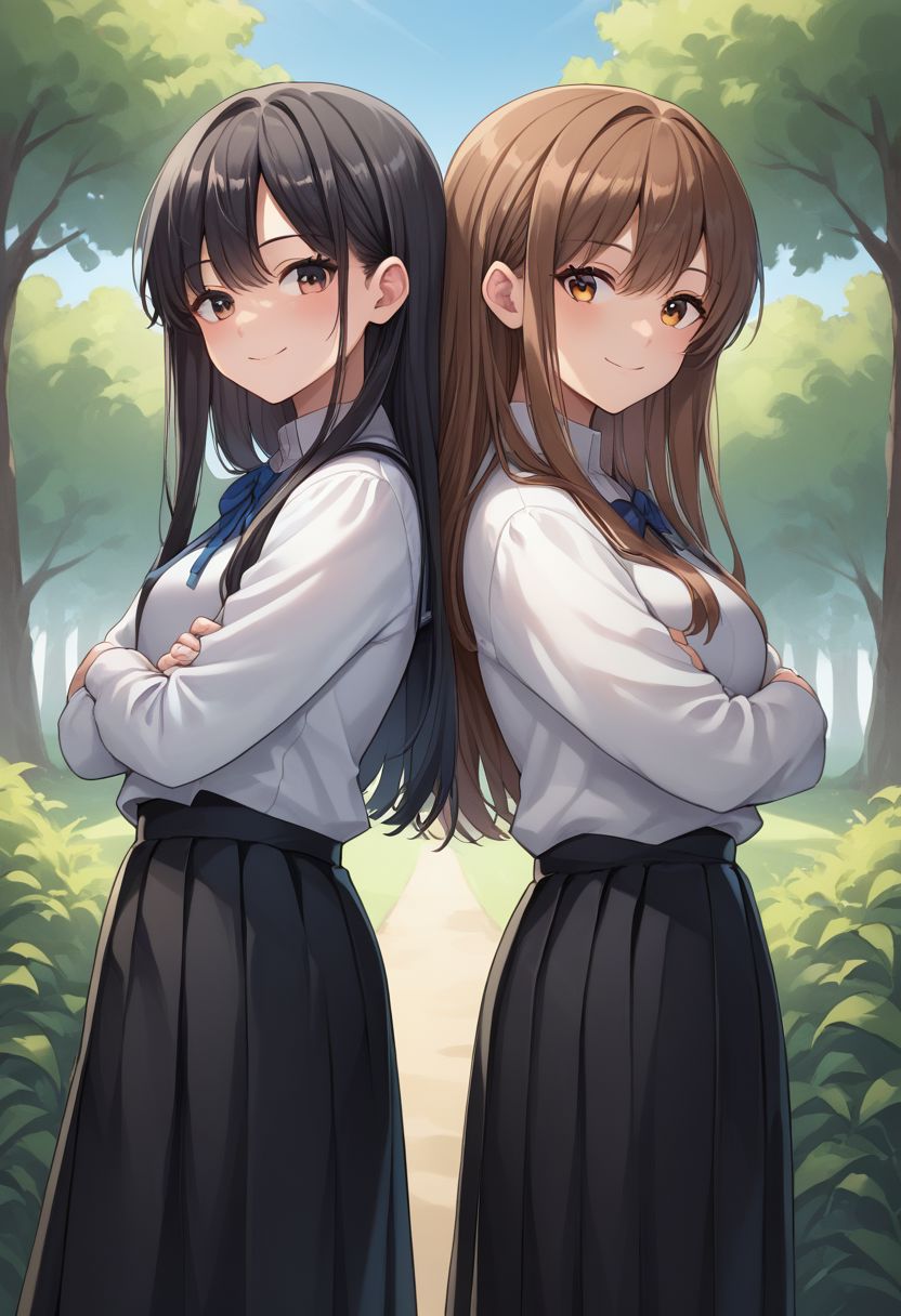 score_9, score_8_up, source_anime, highly detailed, 
back-to-back, 2girls, multiple girls, long hair, school uniform, skirt, black hair, brown hair, crossed arms, long sleeves, black skirt,
smile, shirt,
outdoor,