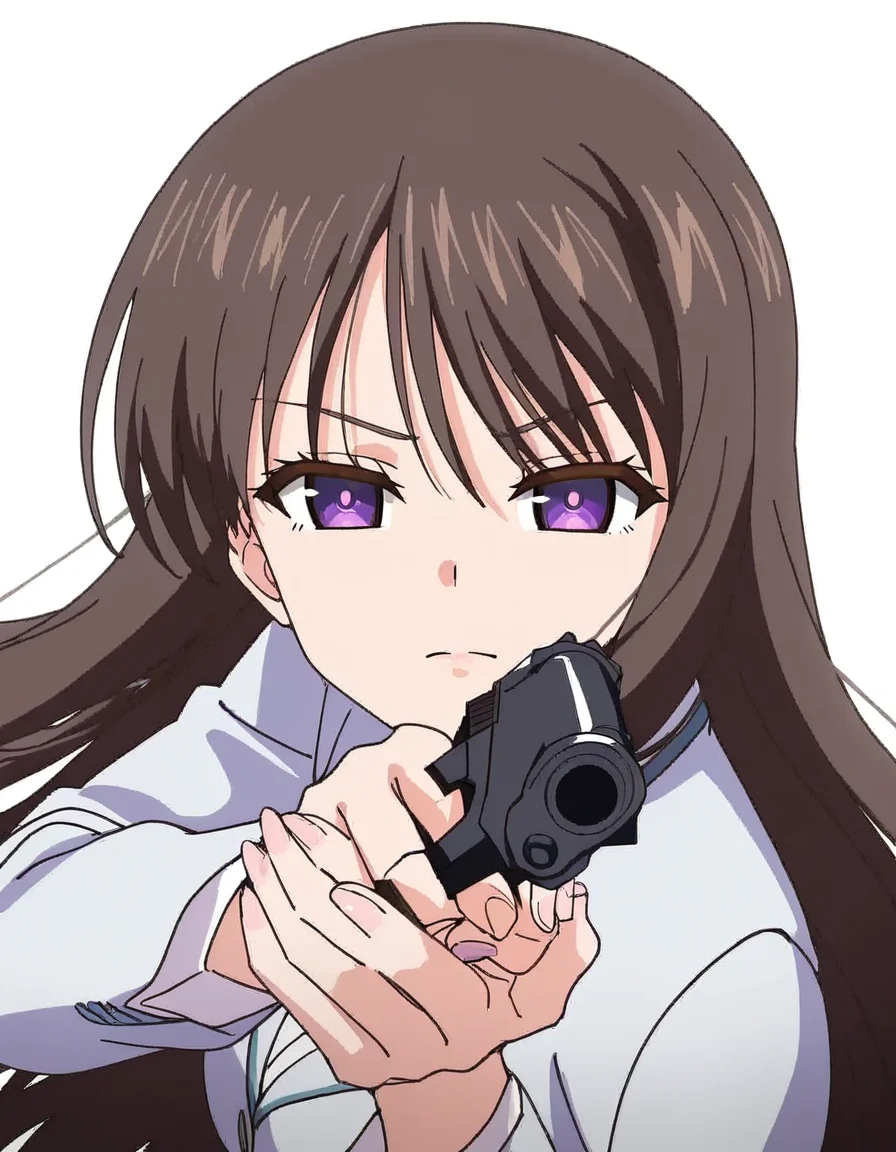 masterpiece, best quality, newest, absurdres, highres, safe,, <lora:marina-akizuki-ponyxl-lora-nochekaiser:1> marina akizuki, long hair, brown hair, purple eyes, large breasts, anime screencap, <lora:center-axis-relock-stance-illustriousxl-lora-nochekaiser:1>, center axis relock stance, looking at viewer, holding, closed mouth, weapon, holding weapon, gun, holding gun, handgun, aiming, finger on trigger, aiming at viewer, m1911,, ,