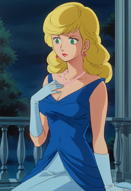 score_9, score_8_up, score_7_up, score_6_up, anime screencap, anime coloring, <lora:FGIcelina_epoch_10:0.7>, FGIcelina, 1girl, solo, blonde hair, long hair, green eyes, lipstick, big breasts,
pink earrings, pearl necklace, dress, elbow gloves, light blue gloves, light blue skirt, long skirt,
sitting, upper body, sad, looking down, hand on own chest, 
BREAK night, dim lighting, moonlight, balcony, lamppost,