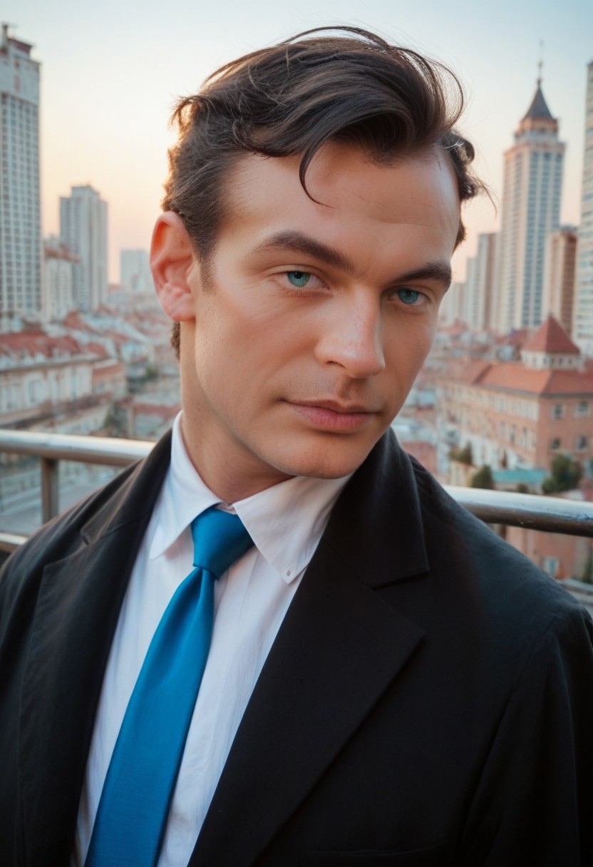 score_8, score_8_up, score_7_up, realistic, photo (medium), 1boy, solo, male focus,  DE007, black hair, asymmetrical hair, mature male, asymmetrical hair, asymmetrical bangs, single bang, aqua eyes, from side, upper body, suit, formal, black jacket, open jacket, white shirt, black vest, blue necktie, necktie, outdoors, russia background, city, street, combed hair