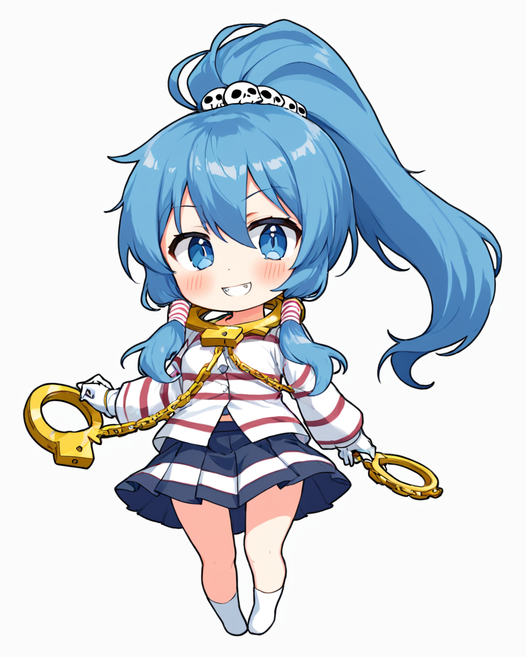 miyadeguchi mizuchi,ghost_tail, striped_shirt, solo, 1girl, ponytail, striped_skirt, chain, shackles, long_sleeves, transparent_background, full_body, skull_hair_ornament, blush, sharp_teeth, grin, chibi, simple_background, hair_tubes, white_pupils, white_gloves
<lora:miyadeguchi_mizuchi_image85_2023-12-20-000056:1>,star-shaped_pupils,symbol-shaped_pupils,. gorgeous,key visual, vibrant, studio anime,award-winning, professional, highly detailed,high budget, cinemascope