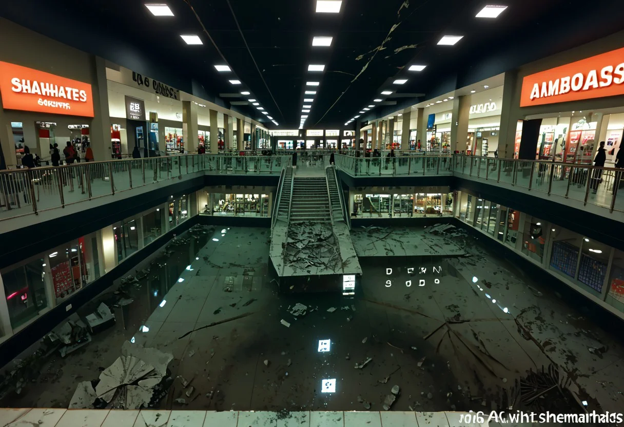 score_9, score_8_up, score_7_up, score_6_up, score_5_up, score_4_up, abandoned shopping mall, at night, no people, empty abandoned mall, destroyed, eerie, camera flash, partially flooded, ((( abandonned, submechanaphobia)))