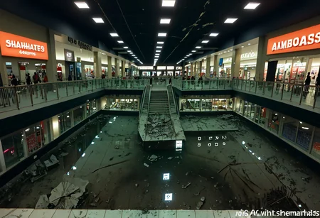 score_9, score_8_up, score_7_up, score_6_up, score_5_up, score_4_up, abandoned shopping mall, at night, no people, empty abandoned mall, destroyed, eerie, camera flash, partially flooded, ((( abandonned, submechanaphobia)))