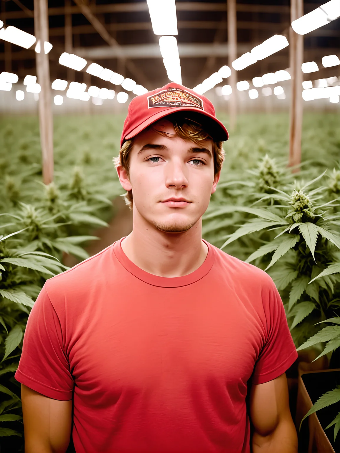 michaelsynth:0.3 man portrait, closeup, face focus, head and shoulders, in an empty wearhouse, neatly organized rows of marijuana plants, wearing a red t-shirt, jeans, and a cowboy hat.