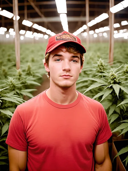michaelsynth:0.3 man portrait, closeup, face focus, head and shoulders, in an empty wearhouse, neatly organized rows of marijuana plants, wearing a red t-shirt, jeans, and a cowboy hat.