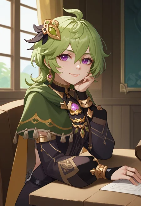 score_9, score_8_up, score_7_up, source_anime, 1girl, colleidef, green hair, medium hair, purple eyes, hair ornament, hair between eyes, ahoge, earrings, single earring, jewelry, green capelet, black dress, detached sleeves, puffy long sleeves, backless dress, bridal gauntlets, crossed bangs, brown thighhighs, asymmetrical legwear, thighlet, vision \(genshin impact\), sitting, on chair, table, head rest, elbow rest, smile, looking at viewer, indoors, portrait, close-up, upper body, facing viewer, <lora:Collei_v1-000010:1>