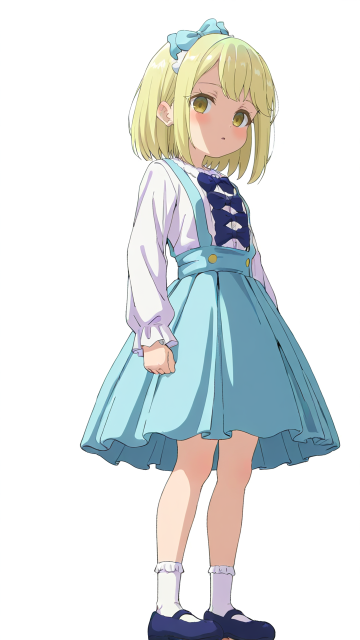 white_background,simple background,1girl,solo,looking_at_viewer,anime screenshot,sincos,<lora:Viena&Fiena_Illustrious_v1:1>,Fiena,blue bow,dress,long sleeves,white shirt,socks,white socks,standing,suspenders,shirt,skirt,blue dress,suspender skirt,looking_up,, masterpiece, best quality