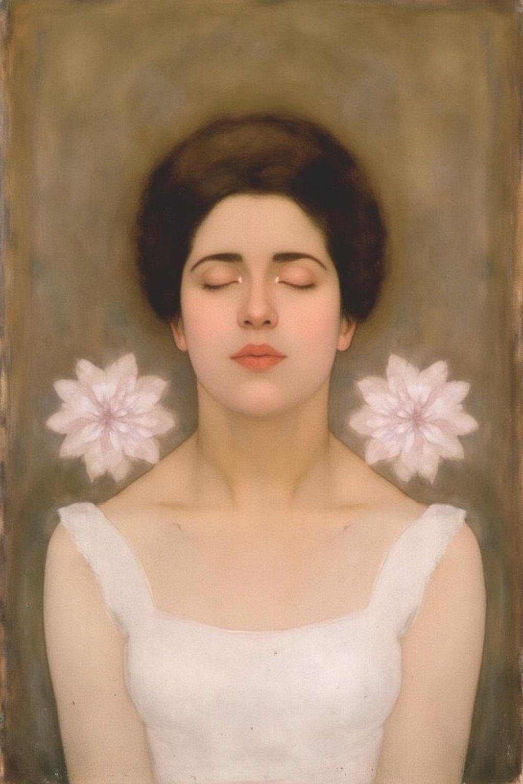 pietmondrian1 painting.
A woman in a white dress with closed eyes and head tilted upward is flanked symmetrically by two large flowers. The background is a muted, earthy tone.
 <lora:pietmondrian1_cap_d8a4e11:1.0><lora:860669970961457291:0>