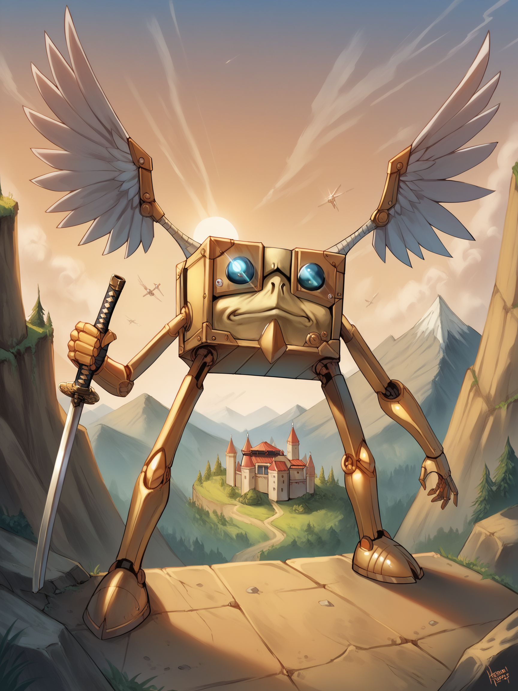 score_9, score_8_up, score_7_up, score_6_up, score_5_up, score_4_up,solo,modrone robot,cubic shape,2 arms,2legs,wings,action,dungeons and dragons,samurai,katana,dawn,castle,mountains<lora:ModronPonyV1>