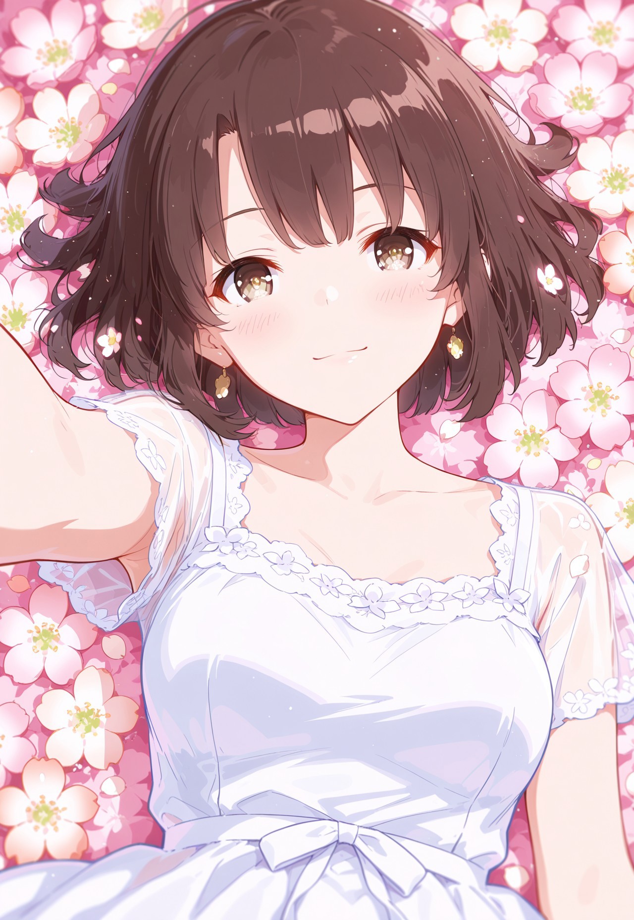 1girl, m3gum1kat0, bangs, brown hair,pupils,brown eyes,solo,short hair,fluffy hair,detailed pupils,

peaches and cream skin,fun and sweet atmosphere,sweet color theme,
Pleasure signs,smile,looking at viewer,detailed face,clavicle,medium breast,
white lace dress,translucent,falling,lying back,

(flowers,full of flowers,multicoloured:1.3),
colourful,gradient colors,pastel colors,close up,pov,
masterpiece, best quality, amazing quality, very aesthetic, detailed eyes, perfect eyes, realistic eyes