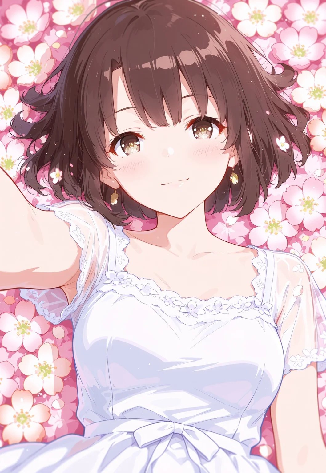 1girl, m3gum1kat0, bangs, brown hair,pupils,brown eyes,solo,short hair,fluffy hair,detailed pupils,
peaches and cream skin,fun and sweet atmosphere,sweet color theme,
Pleasure signs,smile,looking at viewer,detailed face,clavicle,medium breast,
white lace dress,translucent,falling,lying back,
(flowers,full of flowers,multicoloured:1.3),
colourful,gradient colors,pastel colors,close up,pov,
masterpiece, best quality, amazing quality, very aesthetic, detailed eyes, perfect eyes, realistic eyes