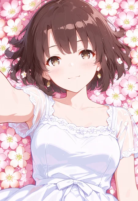 1girl, m3gum1kat0, bangs, brown hair,pupils,brown eyes,solo,short hair,fluffy hair,detailed pupils,

peaches and cream skin,fun and sweet atmosphere,sweet color theme,
Pleasure signs,smile,looking at viewer,detailed face,clavicle,medium breast,
white lace dress,translucent,falling,lying back,

(flowers,full of flowers,multicoloured:1.3),
colourful,gradient colors,pastel colors,close up,pov,
masterpiece, best quality, amazing quality, very aesthetic, detailed eyes, perfect eyes, realistic eyes