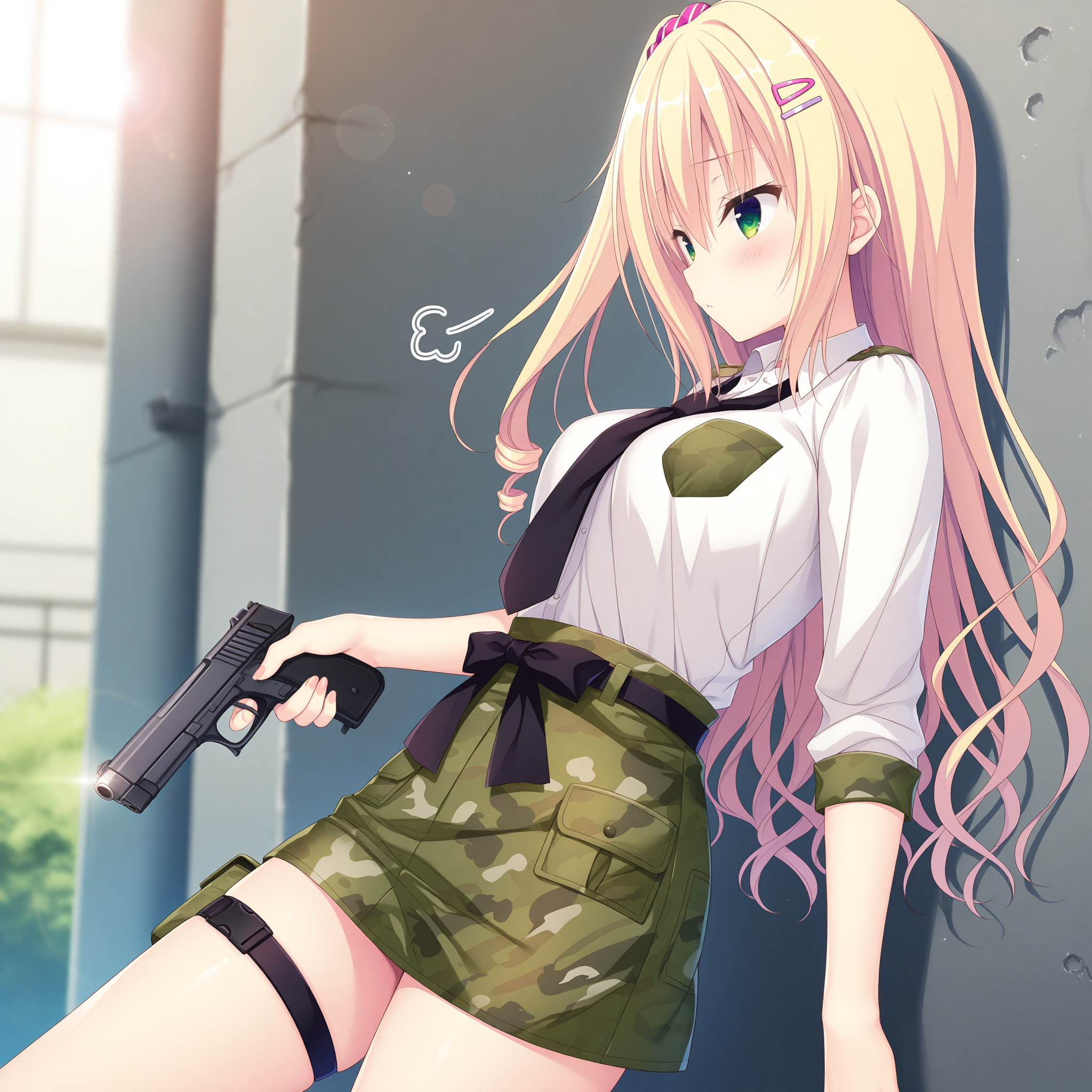 <lora:Yuzuki_Yuu_1_nai-000031:1>,Yuzuki Yuu,
one side up,hair scrunchie,pink scrunchie,polka dot scrunchie,pink hairclip,military,miniskirt,black necktie,white shirt,thigh strap,collared shirt,breast pocket,long sleeves,sleeves rolled up,waist bow,black bow,black belt,green skirt,camouflage shorts,thigh pouch,
BREAK
1girl,solo,from side,holding weapon,handgun,leaning back,against wall,depth of field,lens_flare,sigh,