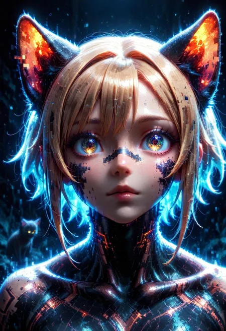 ,(cat:1.2),
 Portrait subject glitching between multiple dimensions, facial features fragmenting into colorful pixel clusters, human form morphing through digital metamorphosis, identity dissolving into art,
 high detail. .,glitch, flickering, digital, glitch style, mobe-cedeen