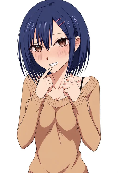 anime screencap, anime coloring,
simple background, white background,
BREAK
1girl, solo, kyou-chan, short hair, dark blue hair, hairclip, hair ornament, sweater, looking at viewer