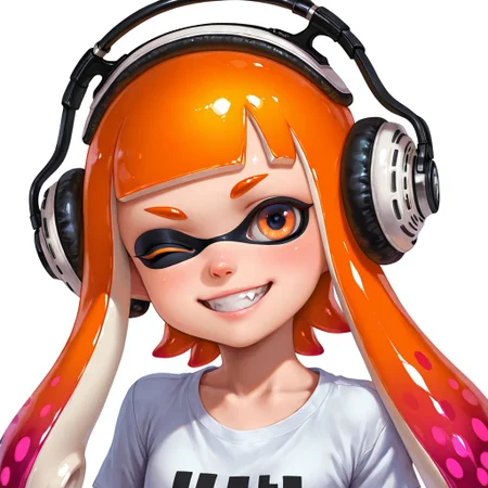 FutureFightStyle, ((semi realistic)), masterpiece, best quality, absurdres, ultra-detailed, high resolution,
inkling, 1girl, orange eyes, pointy ears, orange hair, cartoon, kid, young, wink, big headphones, anime, long hair, smile, shirt, grin, t-shirt, ((headshot))