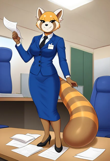 (detailed texture, digital artwork, improved quality, soft shading, cartoon, cinematic:1.2), ((office, desk, papers)), (((solo, full body))), ((textured fur, anthro red panda, female, Retsuko_(Aggretsuko):1.1)), ((snout, ears, tail, claws, black eyes, eyelashes)), ((blue office suit:1.2)), (((smile, half-closed eyes, posing)),