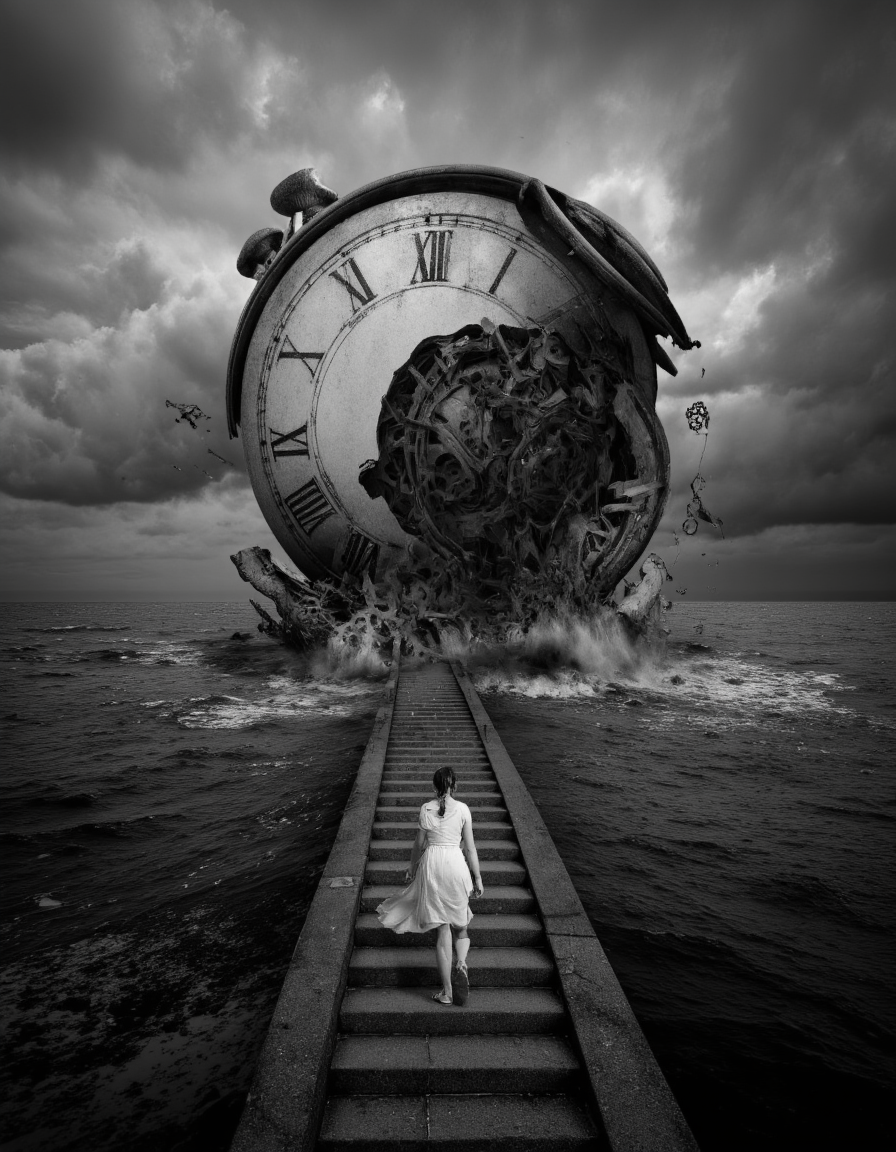  <lora:{surreal, }Surreal:0.85> surreal, dark surreal, dramatic, hyperrealistic,  a woman in a white dress walks up a stone stairway over a stormy ocean, a colossal clock, in pieces, floats above the water's turmoil,  the clock's gears and Roman numerals are visible,  the steps descend into a dark, stormy sea ; monochrome, grayscale,  dramatic lighting, floating debris,  a sense of time passing, melancholy,  detailed,  large, epic scale . 35mm photograph, film, bokeh, professional, 4k, highly detailed