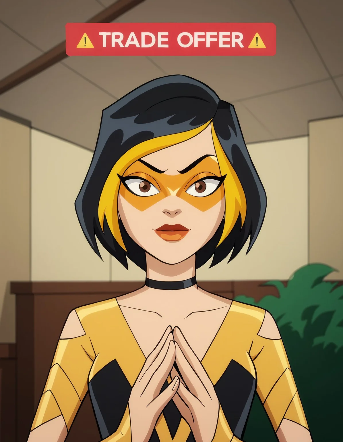 score_9, score_8_up, score_7_up, score_6_up BREAK, g0g1-dh, 1girl, solo, short hair, black hair, gold hair, multicolored hair, choker, domino mask, makeup, lipstick, gloves,black dress,TradeOfferMeme, own hands together, upper body <lora:Golden_Glider_Kite_Man_r1:0.7> <lora:TradeOfferMeme_XLPD:1>
