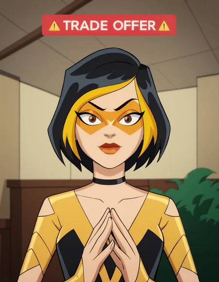score_9, score_8_up, score_7_up, score_6_up BREAK, g0g1-dh, 1girl, solo, short hair, black hair, gold hair, multicolored hair, choker, domino mask, makeup, lipstick, gloves,black dress,TradeOfferMeme, own hands together, upper body <lora:Golden_Glider_Kite_Man_r1:0.7> <lora:TradeOfferMeme_XLPD:1>