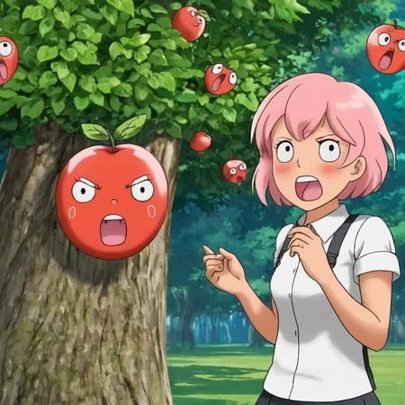 <lora:sapple_SDXL-000002:0.6>
sapple,outdoors, tree,screaming, apple face,
blank eyes, wide-eyed, clenched teeth, blush, day, pokemon (creature), sweat, food focus, colored skin,
best quality, high quality, highres, masterpiece,