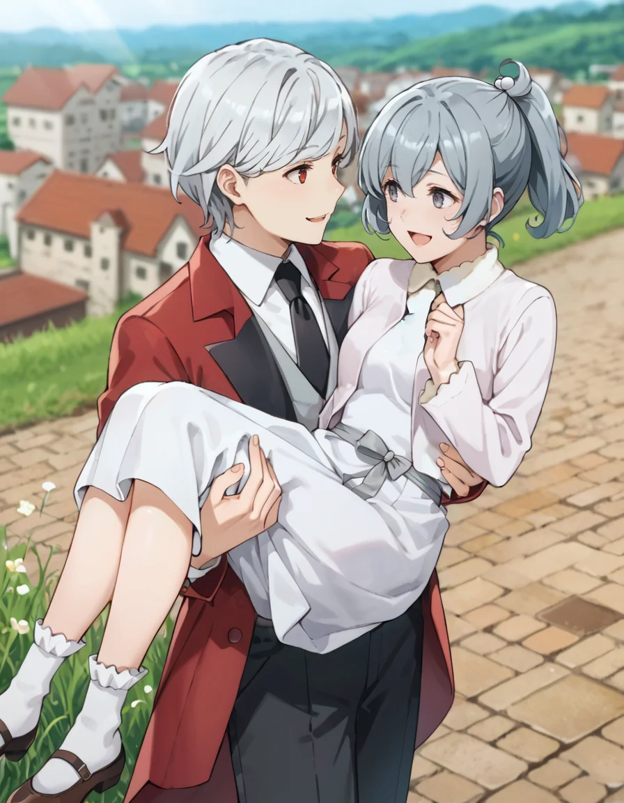 score_9, score_8_up, score_7_up, source_anime, 1boy and 1girl, shot from above, princess carry, <lora:princess_carry_v0.3-pony:0.9>, blurry background, outdoors, scenery grass, wind, sky, light rays, BREAK
1boy, looking at another, light smile,
bell cranel, short hair, white hair, side-swept hair, red eyes,
date outfit, red tailcoat, black necktie, white shirt, collared shirt, grey vest, long sleeves, white gloves, black pants,
<lora:bell_cranel_anime-soralz:0.7>
BREAK
1girl, looking at another, happy, open mouth,
syr flova, short hair, grey hair, ponytail, hair between eyes, grey eyes,
date outfit, white cardigan, white dress, collared dress, long sleeves, waist tie, white socks,
<lora:syr_flova_anime-soralz:0.7>