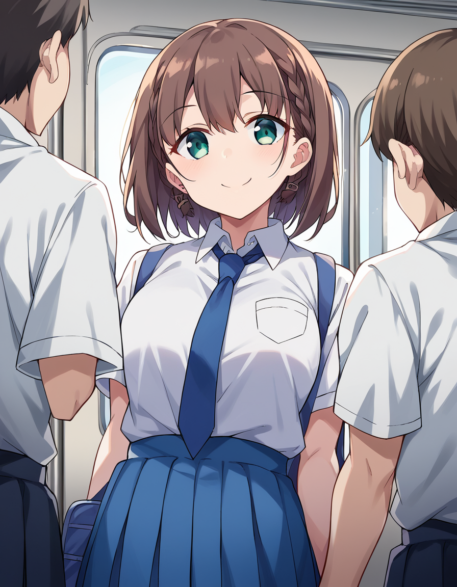 score_9, score_8_up, score_7_up, source_anime,
tawawaai, <lora:tawawa-ai-chan-ponyxl-lora-nochekaiser:1>,
ai, short hair, brown hair, green eyes, braid, side braid, smile,
skirt, shirt, jewelry, school uniform, white shirt, short sleeves, pleated skirt, earrings, necktie, collared shirt, blue skirt, blue necktie,
indoors, train, train interior,
looking at viewer, dutch angle, cowboy shot, dynamic pose,