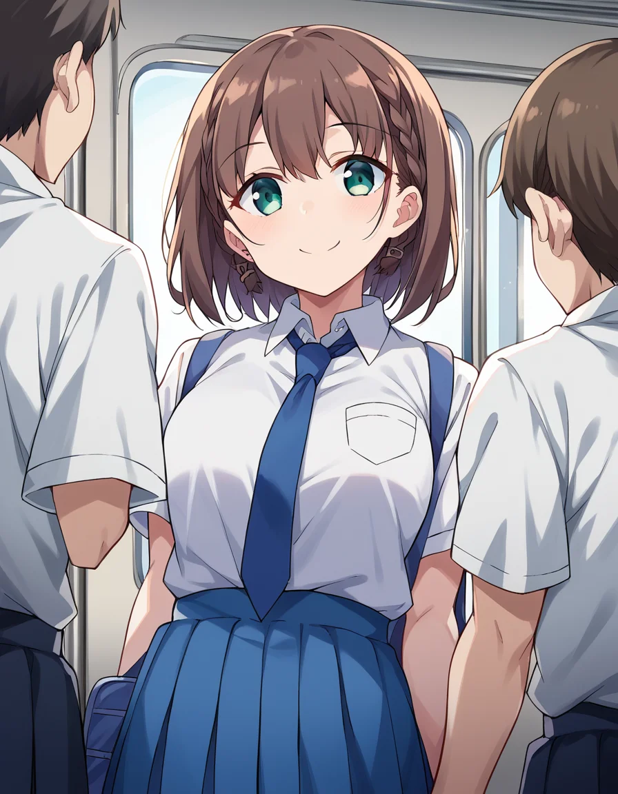 score_9, score_8_up, score_7_up, source_anime,
tawawaai, <lora:tawawa-ai-chan-ponyxl-lora-nochekaiser:1>,
ai, short hair, brown hair, green eyes, braid, side braid, smile,
skirt, shirt, jewelry, school uniform, white shirt, short sleeves, pleated skirt, earrings, necktie, collared shirt, blue skirt, blue necktie,
indoors, train, train interior,
looking at viewer, dutch angle, cowboy shot, dynamic pose,