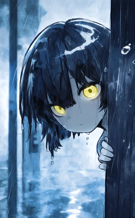 masterpiece, best quality, good quality, very awa, newest, highres, absurdres, 1girl, solo, looking at viewer, short hair, black hair, yellow eyes, blurry, wet, blurry background, depth of field, glowing, glowing eyes, rain, water drop, wet hair, peeking out, peeking, eye focus, CHOo1NE_illu, mixed media, digital painting <lora:noobai_ep11_stabilizer_v0.138_fp16:0.3> <lora:lpc_v10:0.4> <lora:Karinami_Inkblush_mode_Illustrious_clean:0.4> <lora:CHOo_illu:1> <lora:CoalCaress:1>